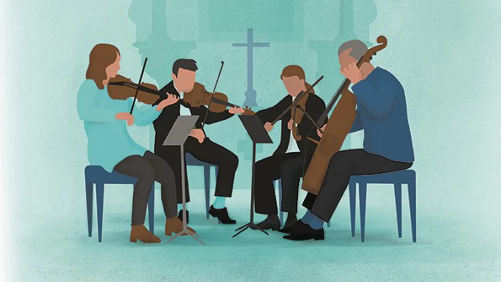 Illustration av fyra musiker som spelar stråkinstrument i kyrklig miljö. Kvartetten består av två violinister, en violist och en cellist som sitter på stolar framför ett kors i bakgrunden. Bilden är utförd i akvarellstil med turkosa och blåa toner.