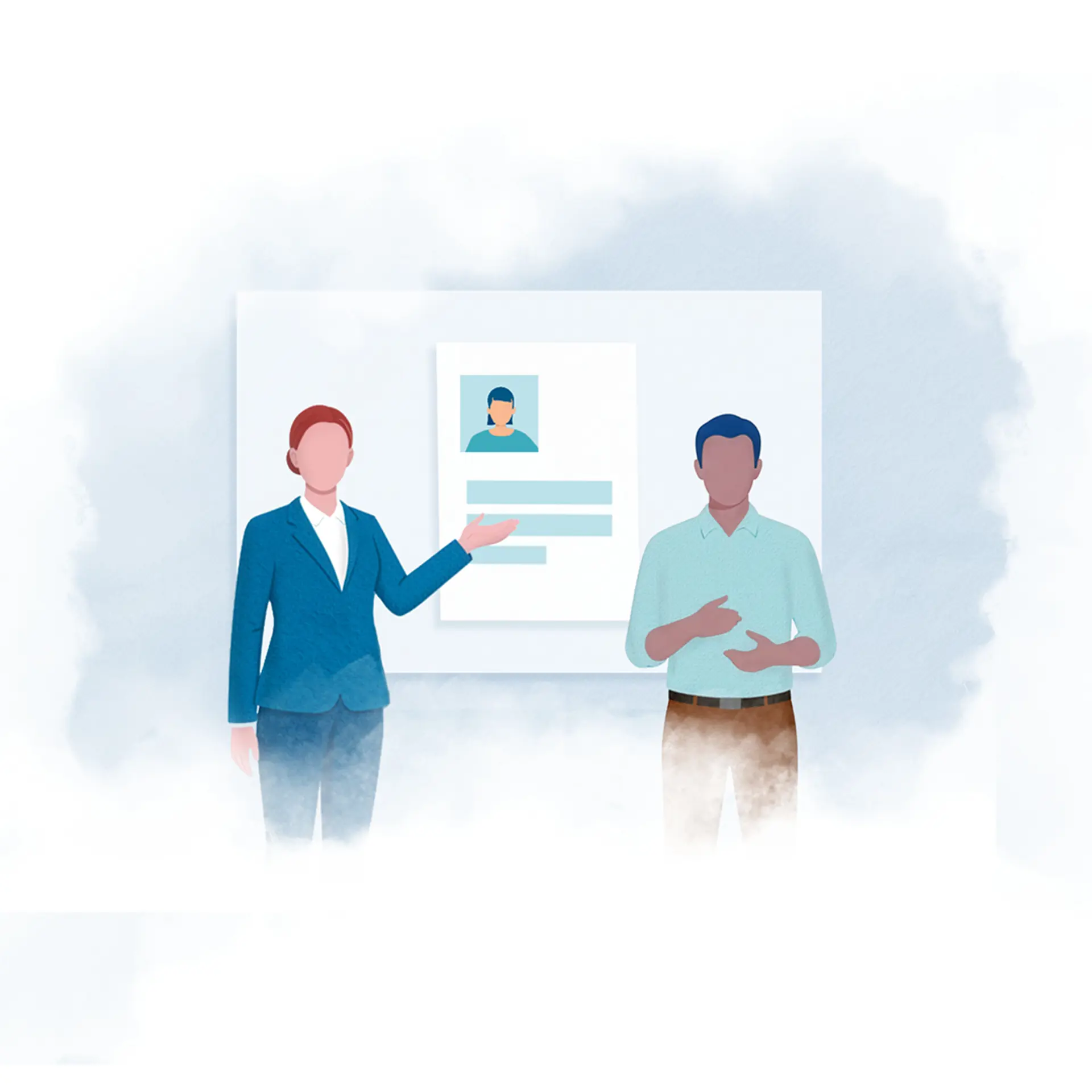 Teckning av en man och en kvinns som står framför en vit tavla där ett foto och en text visar vem som fått jobbet. 