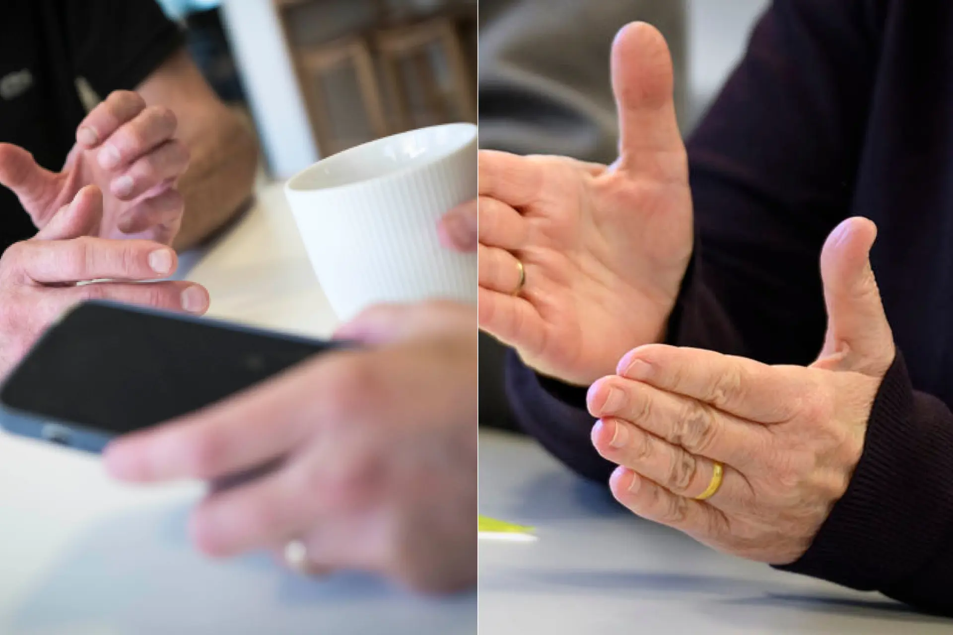 Två par händer som rör sig, till vänster håller en hand i en mobil. 