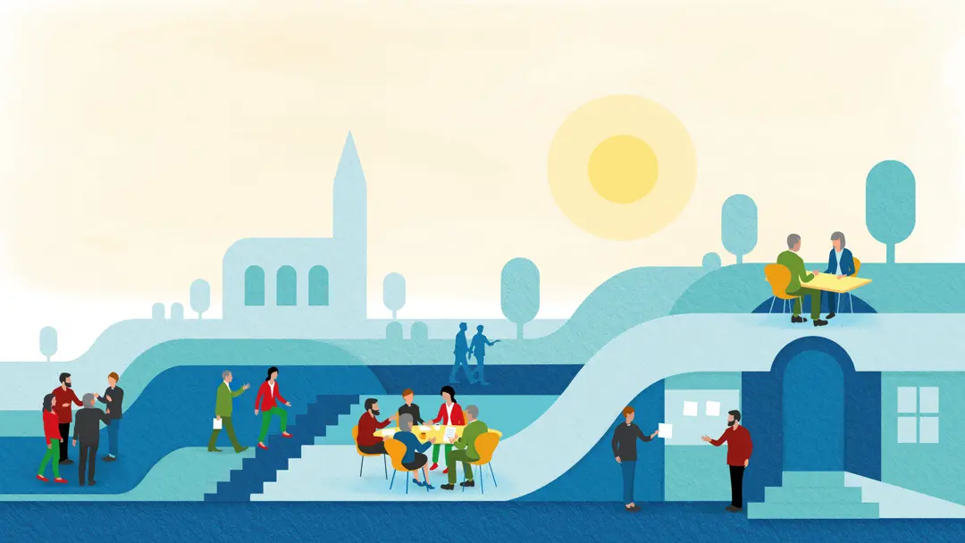 illustration över ett landskap med personer som samarbetar. Sol och kyrkosilhuett i bakgrunden. 