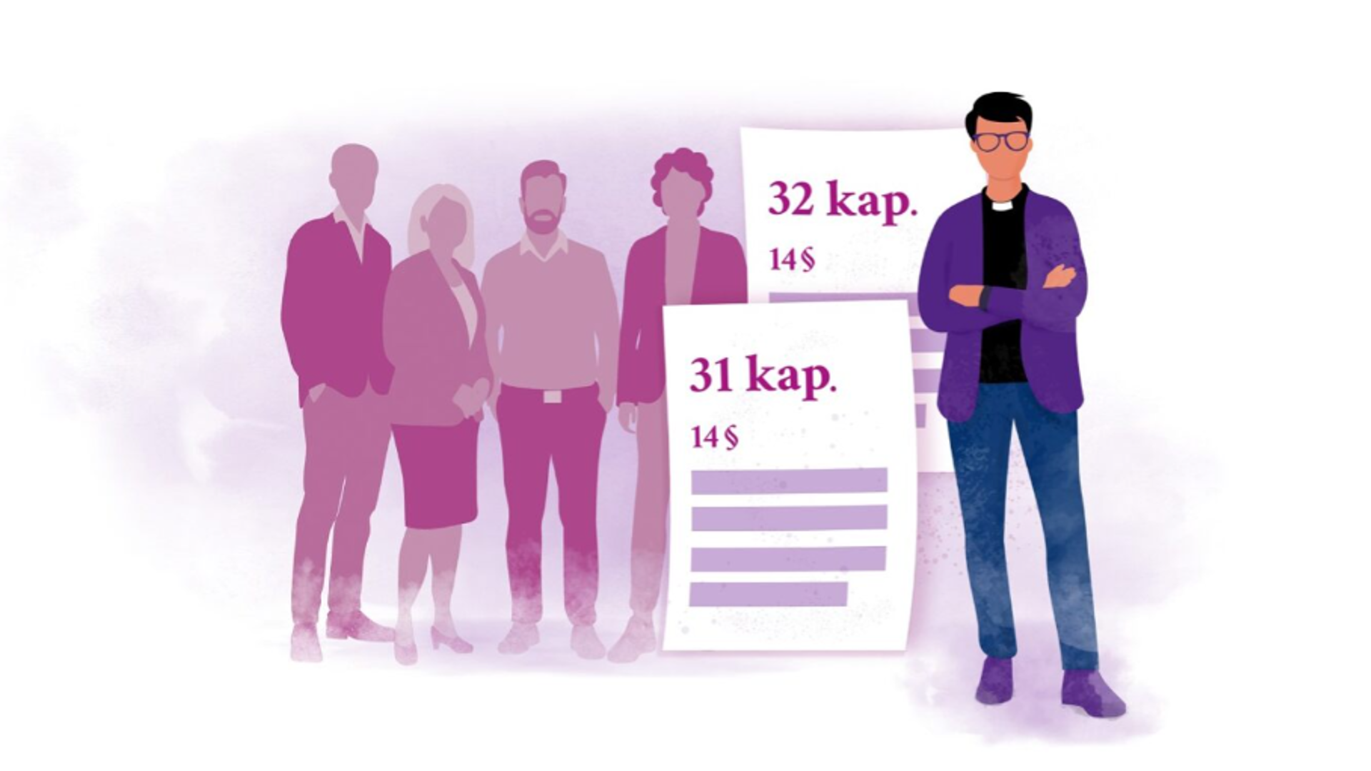 Illustration En grupp människor i bakfrunden, i förgrunden en manlig kyrkoherde. Av Anton Ivanov.