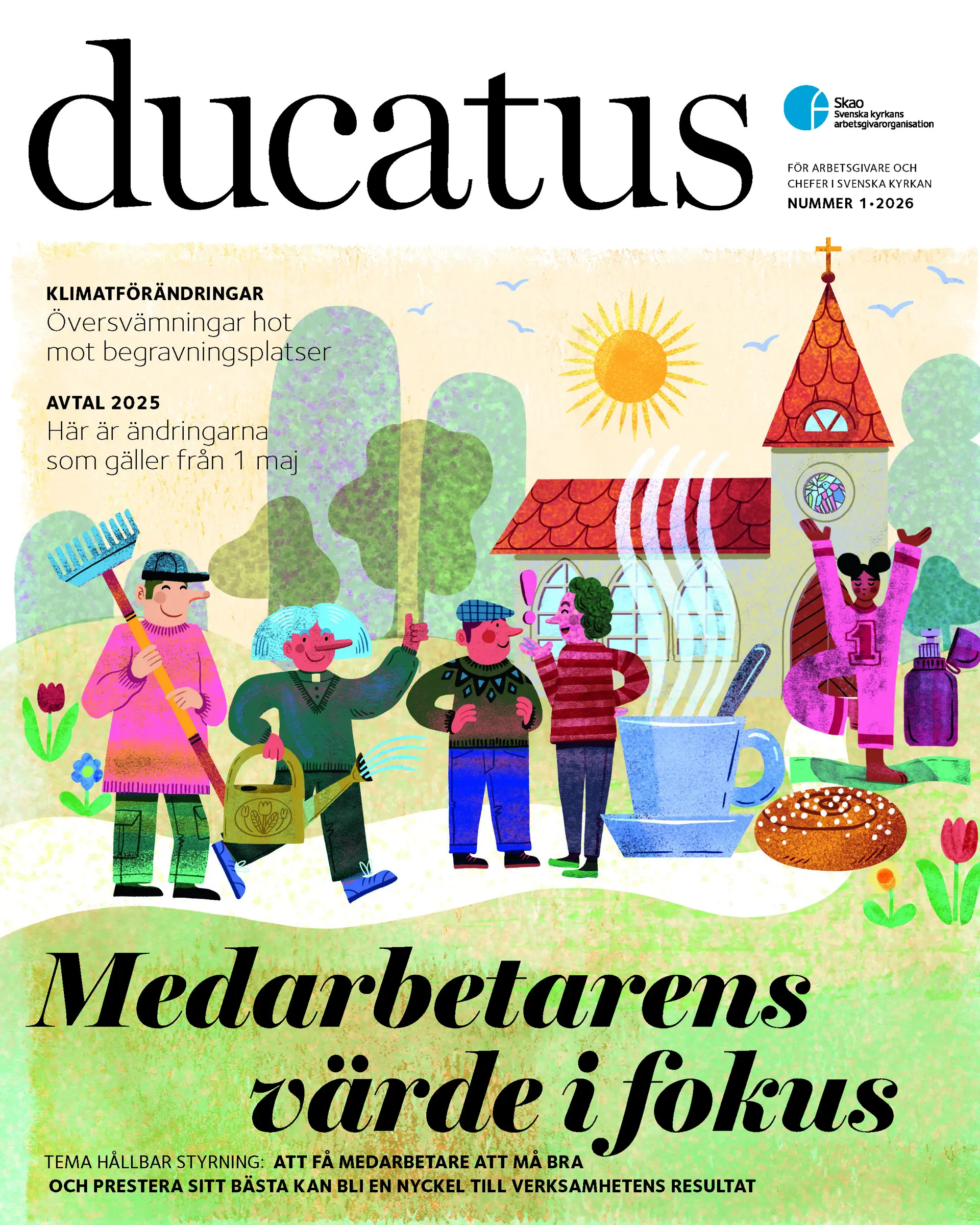 Färgglad illustrtion med personer framför en kyrka. Rubrik med text Medarbetares värde i fokus. 