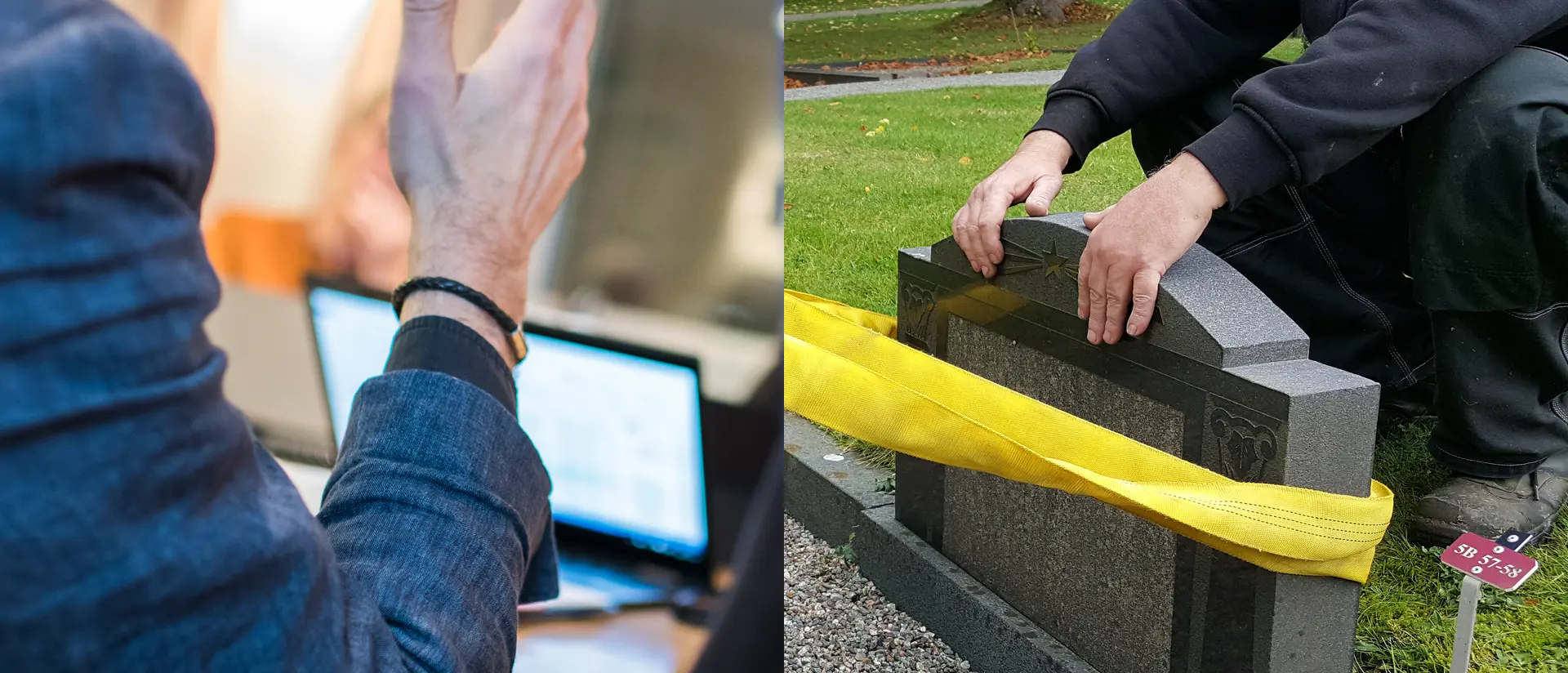Sammansatt bild på en hand samt en gravsten