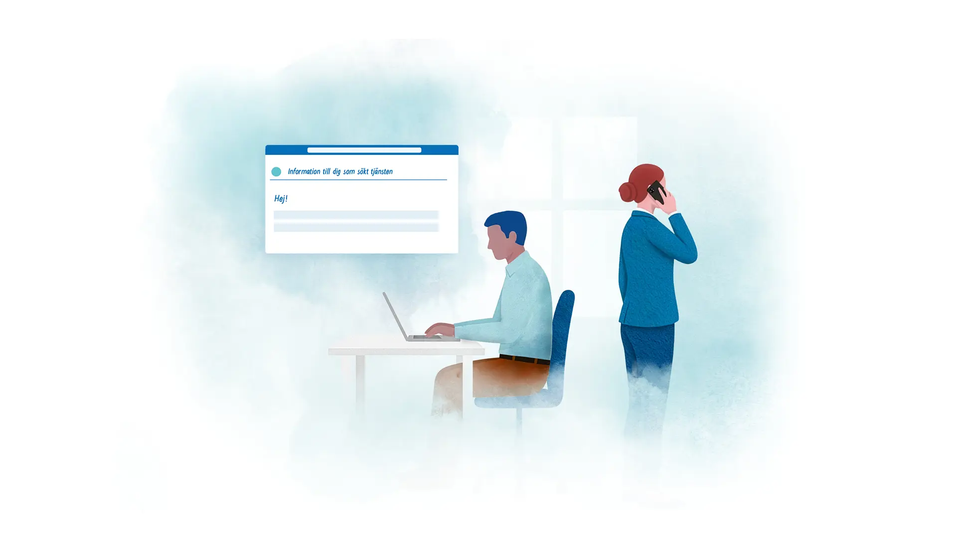 Teckning av en kvinna med hår i knut står upp och pratar i mobiltelefon och en man sitter vid en bärbar dator med uppfälld skärm. 