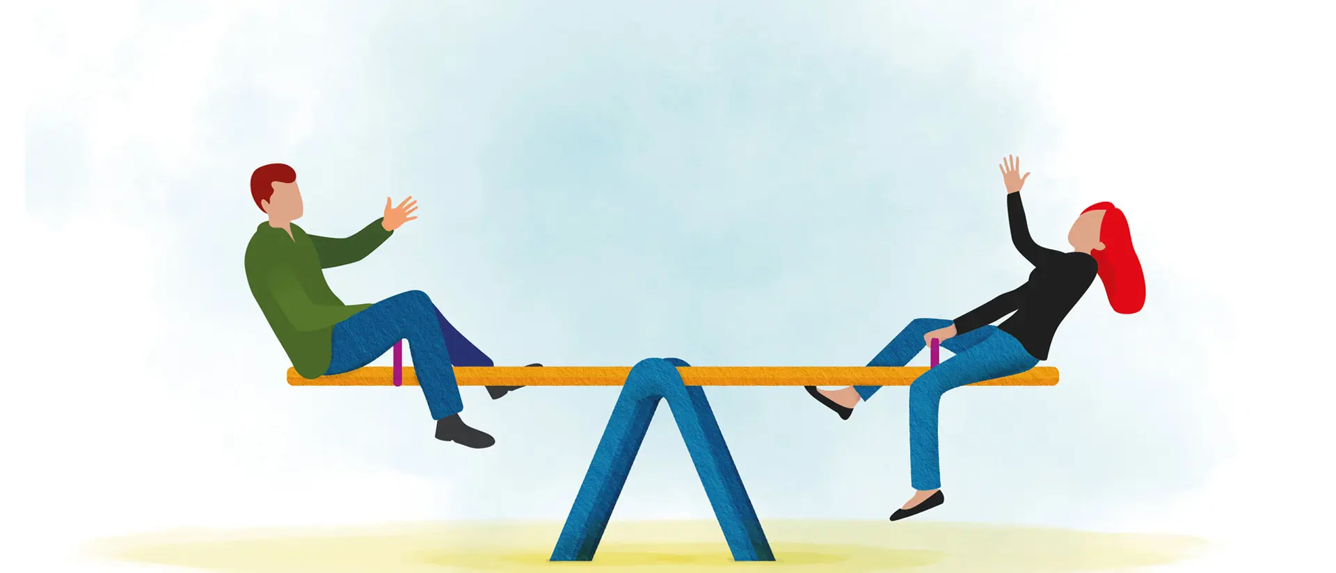 Man och kvinna på gungbräda som väger jämt