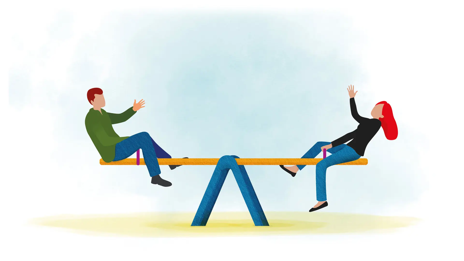 Man och kvinna på gungbräda som väger jämt